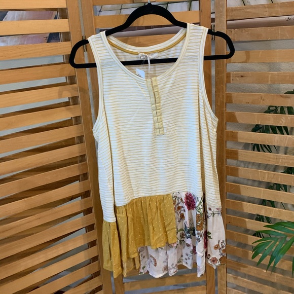 Mystree Tops - Yellow and off-white striped tank with print.
